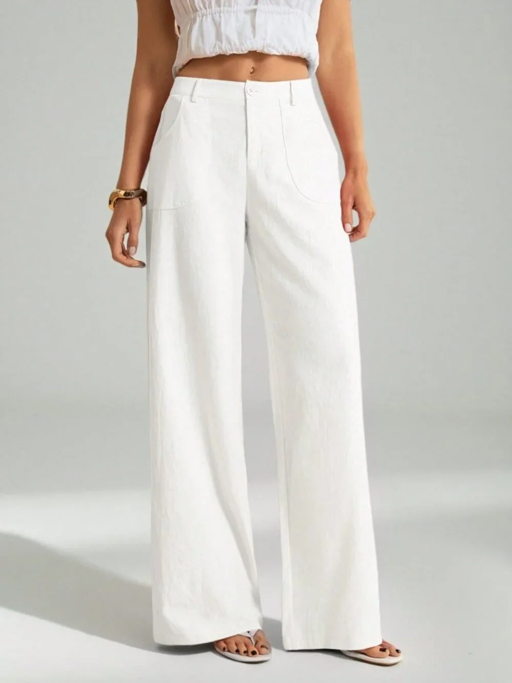 White Casual Women's Washed Low Waist Straight Pants - Picture 4 of 8